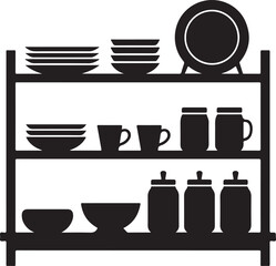 Organized Dish Shelf Silhouette with Plates Cups Jars and Bowl