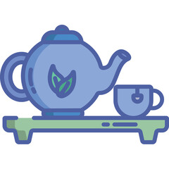 Blue Teapot and Teacup on Green Tray Minimalist Flat Icon Illustration with Leaf Symbol on Teapot