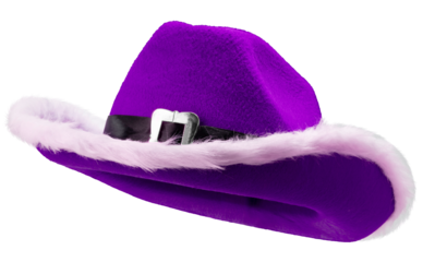 Purple cowboy fancy hat with white fur trim and black belt isolated on white background with clipping path. Perfect for Christmas parties, costumes, or festive decoration PNG File.