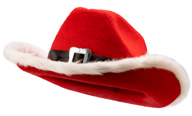 Red cowboy fancy hat with white fur trim and black belt isolated on white background with clipping path. Perfect for Christmas parties, costumes, or festive decoration PNG File.