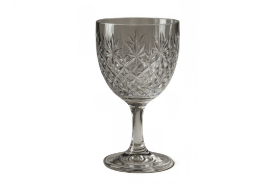Empty crystal wine glass with intricate cut pattern on a transparent background, ready for celebration or luxury concepts