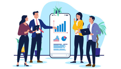 Business team of businesspeople stands around a large mobile screen displaying data charts and graphs, discussing analytics and strategy in a flat design vector illustration on white background