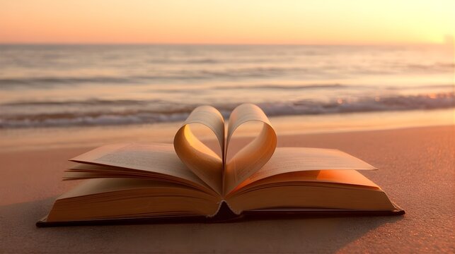 Open book with heart-shaped pages on a beach at golden sunset - Powered by Adobe