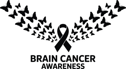 Black ribbon and butterflies with brain cancer awareness text support