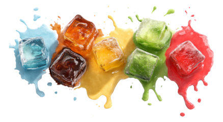 Colorful Ice Cubes on Splashes of Paint Isolated on Transparent Background