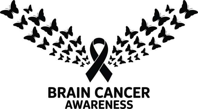 Black ribbon and butterflies with brain cancer awareness text support - Powered by Adobe