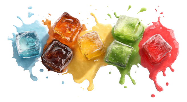 Colorful Ice Cubes on Splashes of Paint Isolated on Transparent Background