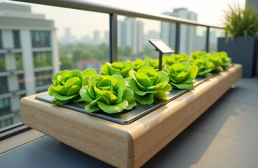 Urban Eco-Gardens:  Ecological hydroponic installation with details for crispy lettuce on an urban balcony