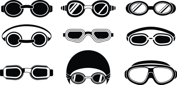 Collection of nine black and white vintage goggles and aviator glasses retro
