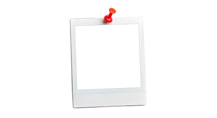 Blank instant photo frame pinned with red pushpin isolated on transparent background, offering a customizable space for cherished memories and creative expressions