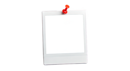Blank instant photo frame pinned with red pushpin isolated on transparent background, offering a customizable space for cherished memories and creative expressions