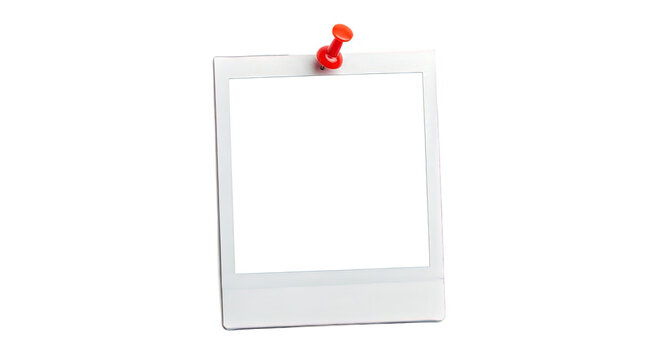 Blank instant photo frame pinned with red pushpin isolated on transparent background, offering a customizable space for cherished memories and creative expressions