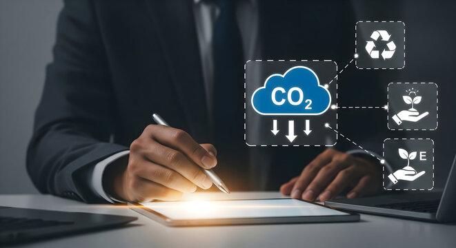 Business professional analyzing carbon footprint data for sustainability initiatives