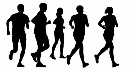 Silhouette illustration depicting a group of people running together in a race or marathon event outdoors