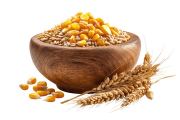 Wooden bowl filled with grains, corn and wheat