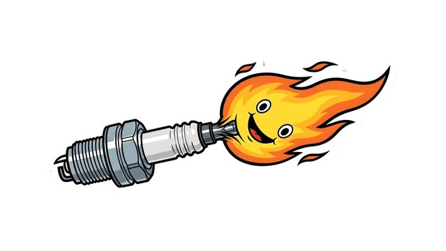 Vibrant cartoon illustration of a happy, energetic flame bursting from a spark plug, symbolizing power, ignition, and dynamic engine performance, set against a clean white background