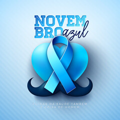 Blue November Prostate Cancer Banner Design with Heart, Mustache and Ribbon on Light Background. Novembro Azul Portuguese Language Health Care Vector Illustration with Typography Letter for Flyer