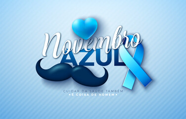 Blue November Prostate Cancer Banner Design with Heart, Mustache and Ribbon on Light Background. Novembro Azul Portuguese Language Health Care Vector Illustration with Typography Letter for Flyer