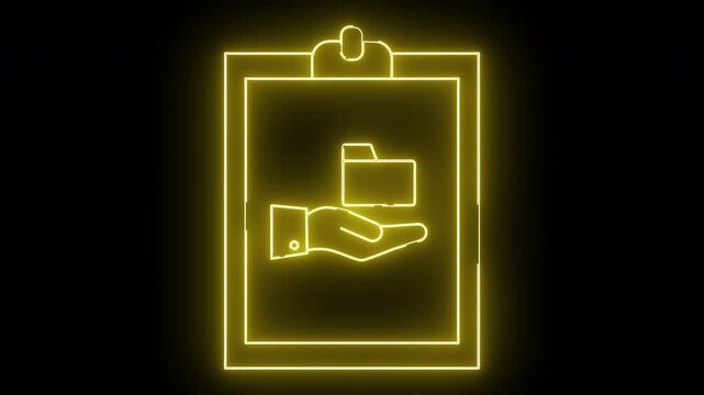 A neon yellow clipboard with a hand offering a folder on a black background