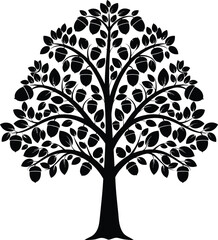 Oak tree illustration with acorns and leaves black and white vector eps silhouette