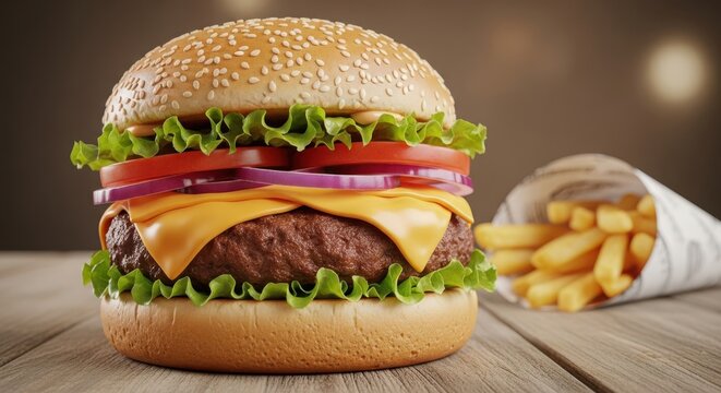 Juicy cheeseburger with fresh lettuce, tomato, and onion, served with a side of crispy french fries on a wooden table - Powered by Adobe
