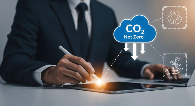Business professional strategizing net zero carbon emissions for sustainable growth