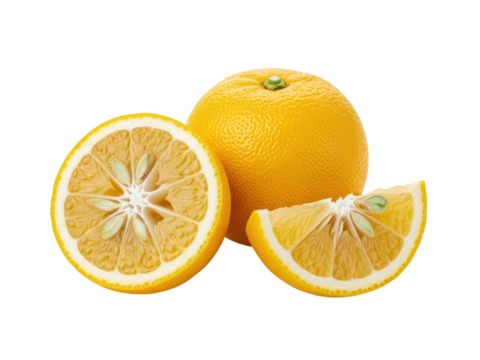 Whole orange and two slices showing juicy interior