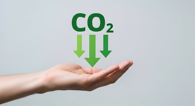 Hand holding CO2 reduction arrows symbolizing eco friendly solutions and sustainability