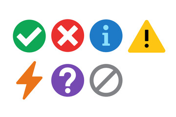 Colorful symbols including check mark, cross, info, warning, lightning, question, prohibition & blank icons. Use for UI design, app development, presentation graphics & educational materials.