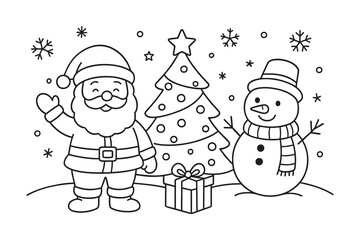 Cute Christmas coloring page with Santa Claus, snowman, Christmas tree, and gift box. Simple festive line art illustration for kids coloring books and winter holiday activities, vector format.