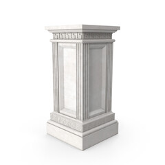 Classic white pedestal with ornate carvings against a black background