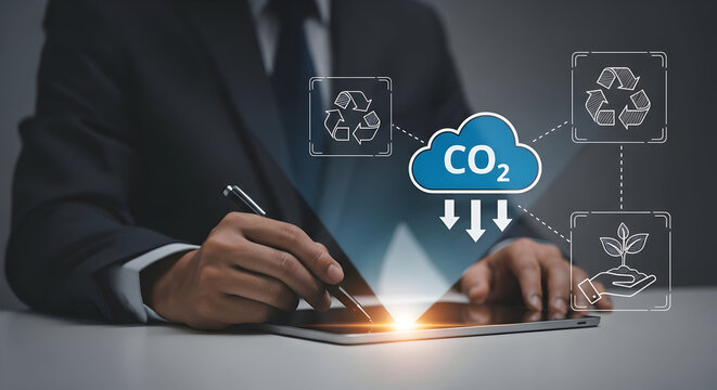 Business professional analyzes CO2 emissions cloud data for sustainability strategy - Powered by Adobe