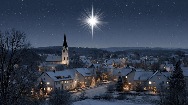 Christmas Star Shines Over a Snowy Village at Night