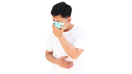 An asian man wearing a surgical mask touching his chest, indicating chest pain or breathing difficulty. Concept for heart disease, infection, or respiratory illness.
