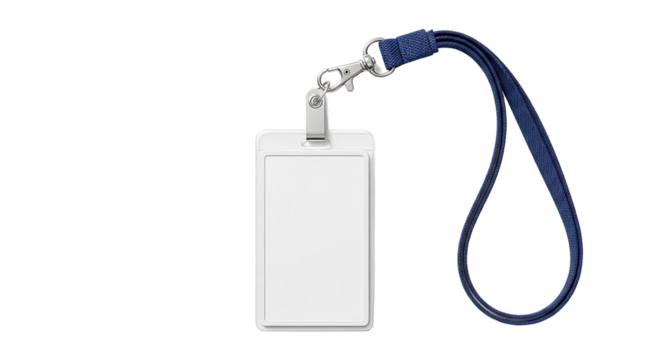 Blank white id card with a blue lanyard isolated on transparent background, perfect for showcasing employee identification, event access, or security clearance in a professional setting