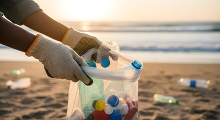 A person wearing gloves is collecting plastic bottles and trash from a beach to promote environmental cleanup and conservation efforts
