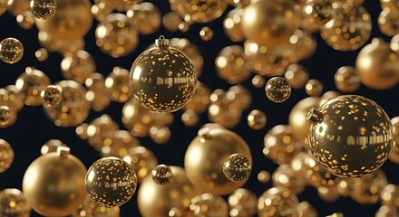 Multiple floating golden Christmas ornaments on black background, luxury festive holiday decoration with reflective surfaces and warm sparkling highlights.
