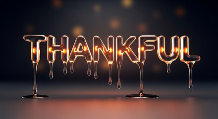 Thankful illuminated word art with dripping effect on dark background.