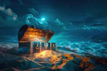 Glowing Pirate Chest on Deserted Island under Moonlight - Mystical Stock Image