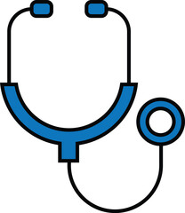A blue and black stethoscope with ear pieces and circular chest piece on a plain white background image