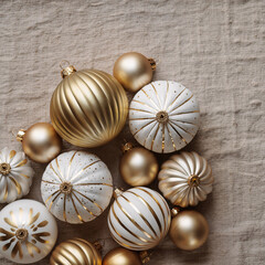 Fototapeta premium Gold and white Christmas ornaments on beige textured background