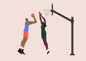 Athletes play basketball. Players competitors rivals in movement, jumping up, throwing, shooting ball at sports tournament, competition. Flat graphic vector illustration isolated on white background
