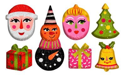 Colorful and Playful Holiday Illustrations of Santa, Snowman, and Christmas Items