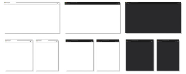 Set of browser window mockups with light and dark themes on transparent background. Perfect for website design presentations and user interface previews. Browser window mockup. Web design template. © brovkoserhii