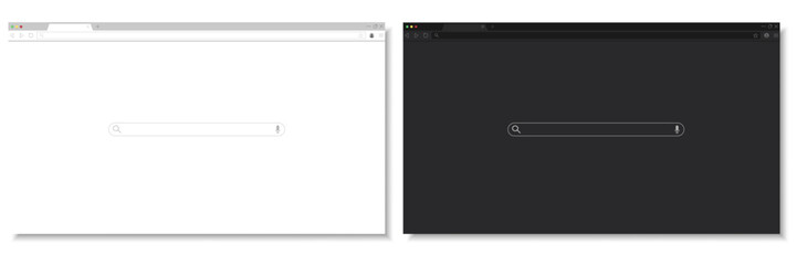 Realistic light and dark browser window mockup with search bar for web design and UI UX presentations. Browser mockup dark and light. Web design interface. Search bar template. UI UX mockup.
