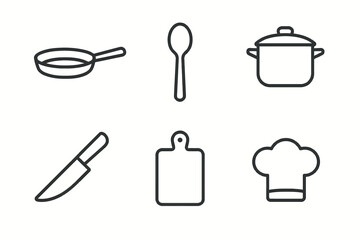 Set of kitchen utensils: frying pan, spoon, pot, knife, cutting board, chef hat icons