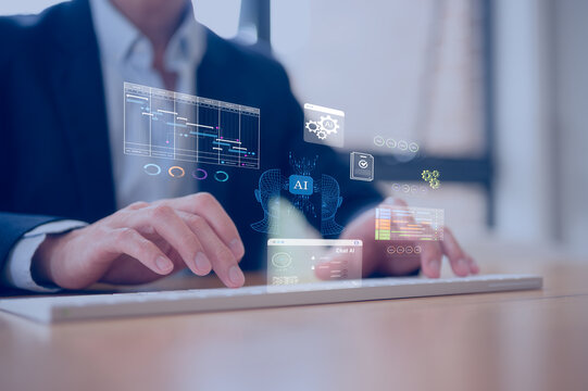 person types on a keyboard in Business performance kpi metrics visualized on smart dashboard with charts showing sales growth and indicators for productivity tracking and digital success analysis