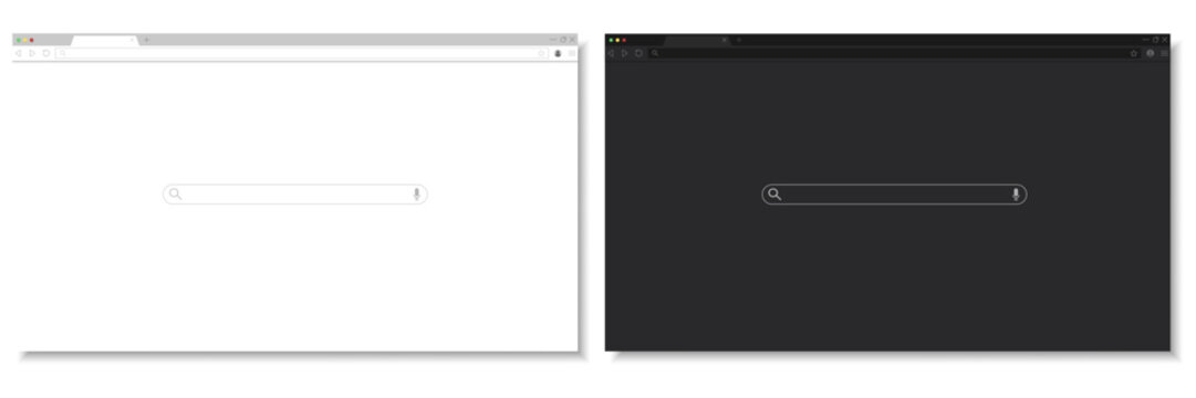 Realistic light and dark browser window mockup with search bar for web design and UI UX presentations. Browser mockup dark and light. Web design interface. Search bar template. UI UX mockup.