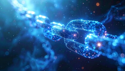 Magical visualization of blockchain chains forming radiant crystal structures, pulsing light connections and ethereal digital energy flows