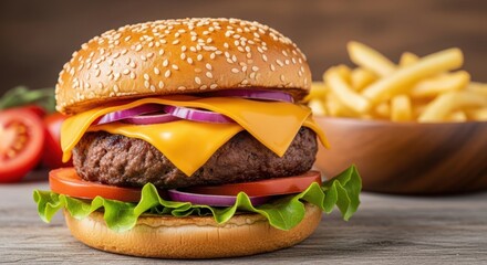 Juicy cheeseburger with melted cheddar cheese, fresh lettuce, tomato, and red onion, served with a side of golden french fries on a rustic wooden table